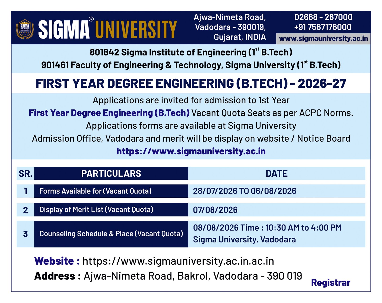 B.Tech in Engineering & Technology at Sigma University, Vadodara