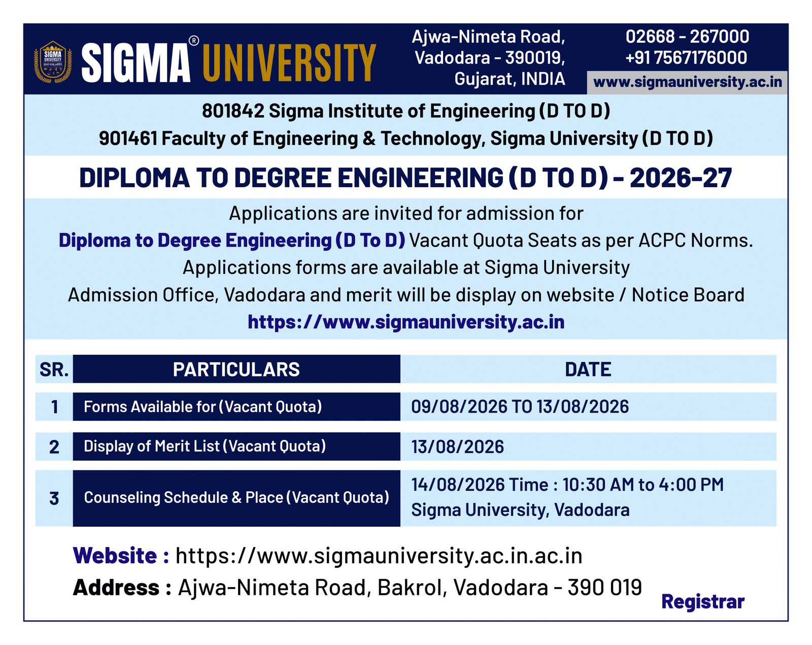 Diploma in Engineering After 10th at Sigma University, Vadodara