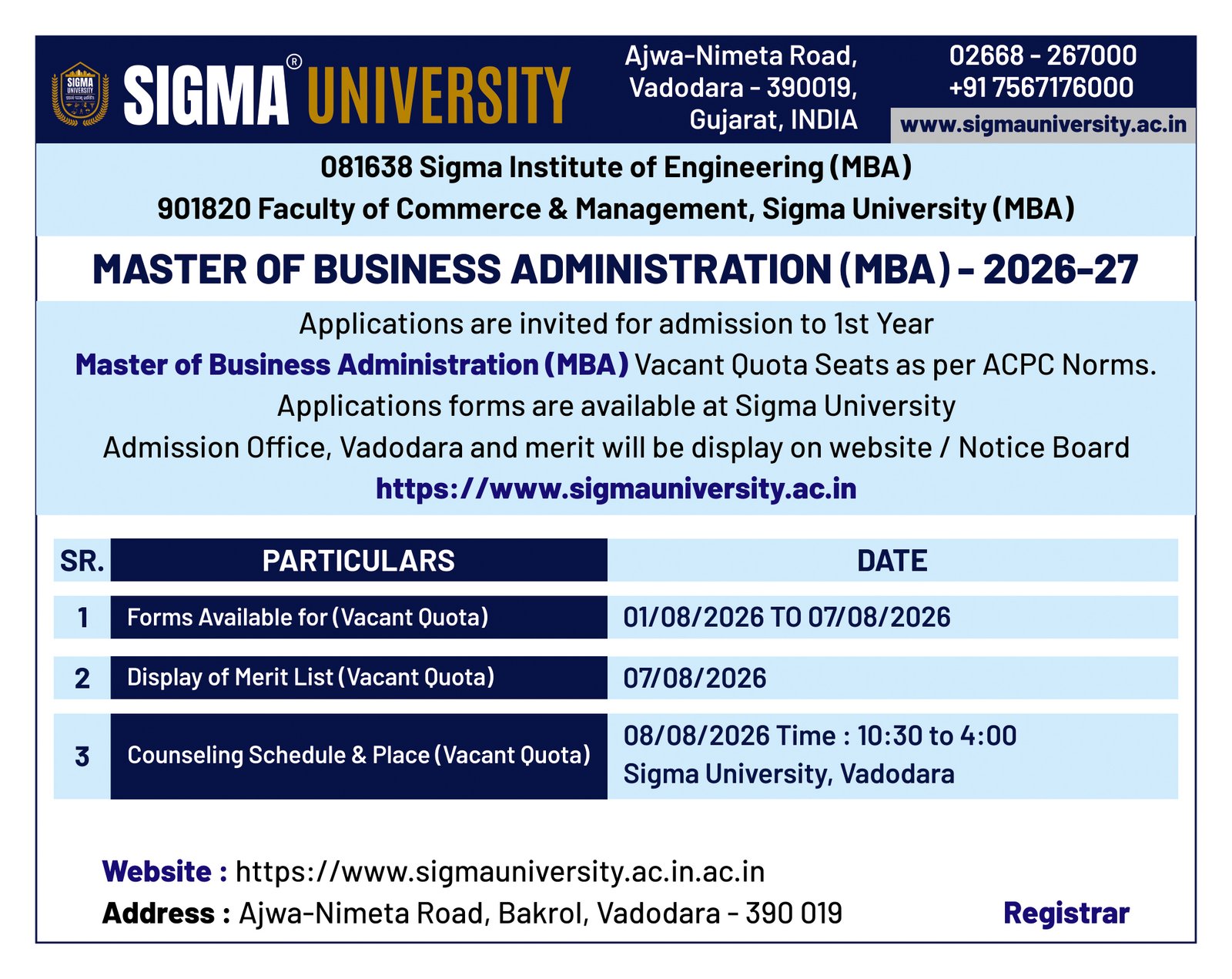 Master of Business Administration (MBA) at Sigma University, Vadodara