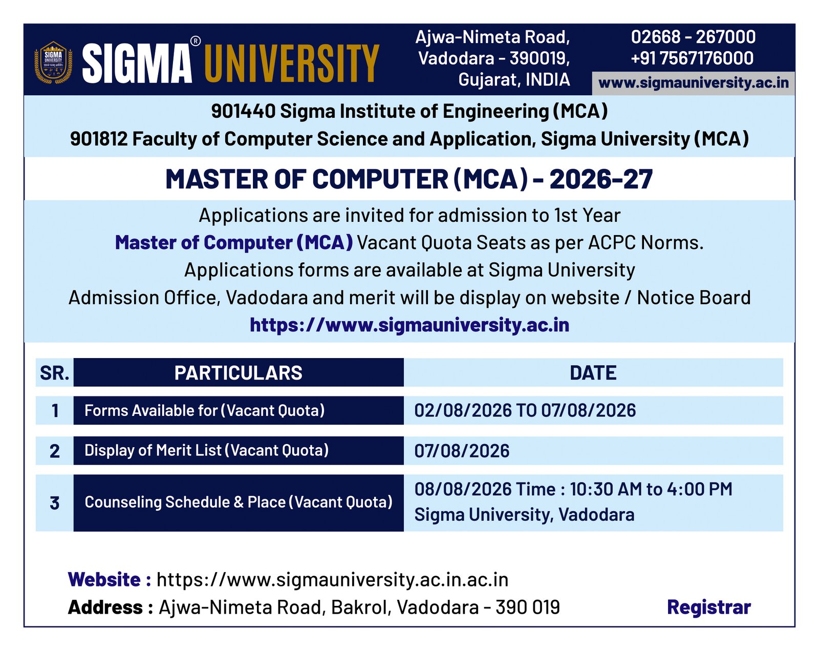 Master of Computer Applications (MCA) at Sigma University, Vadodara